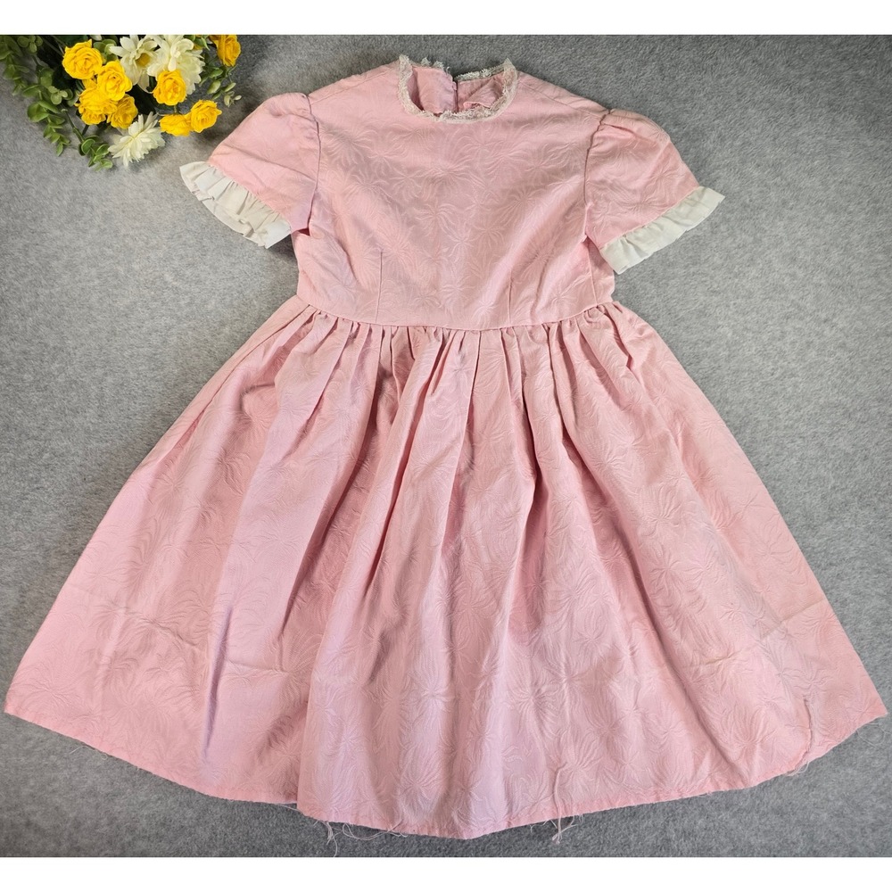 Vintage 70s Pink Floral Brocade Girls Dress Lace Trim Ruffle Cottagecore Sm 6/8